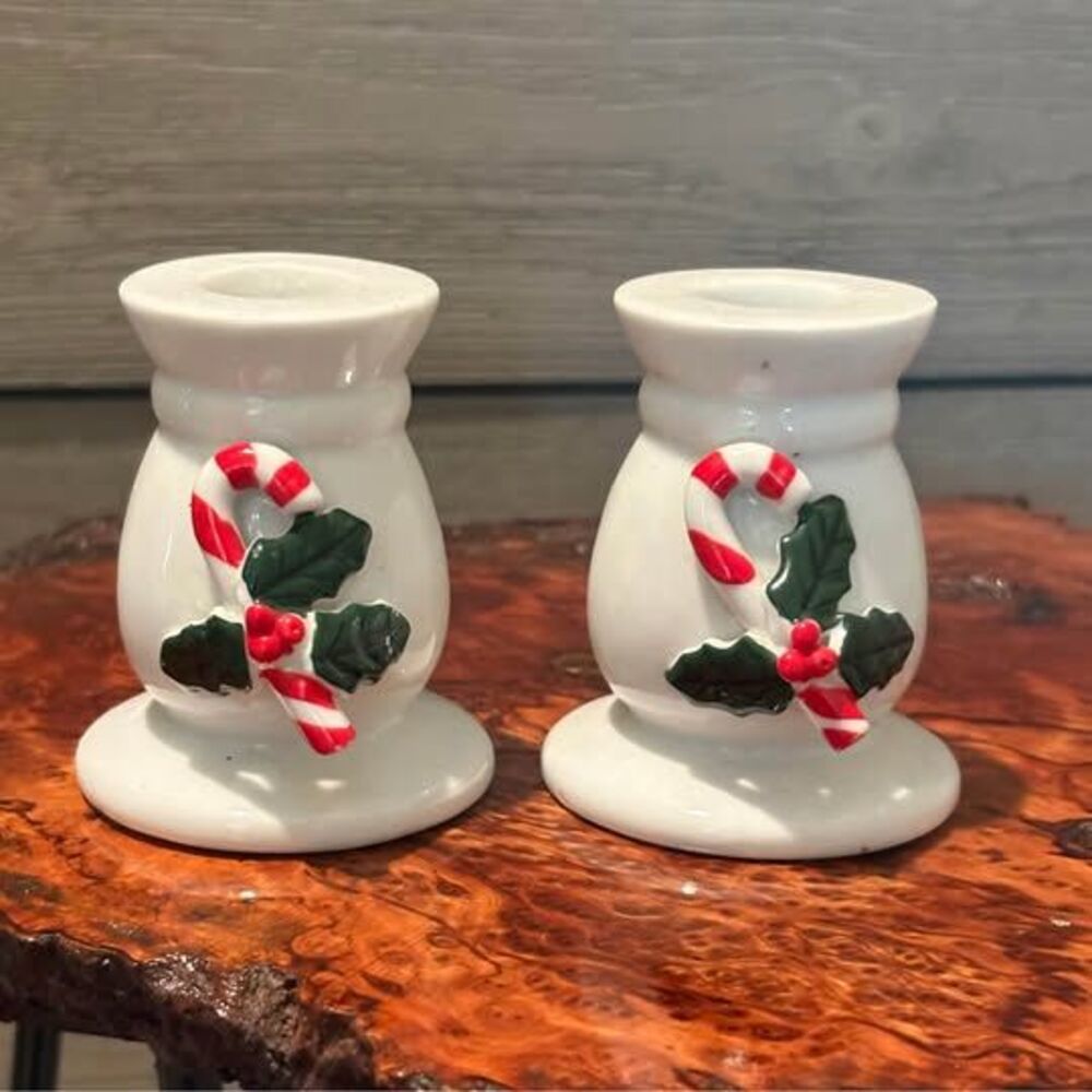Christmas Vintage Candy Cane And Mistletoe Candle Holders